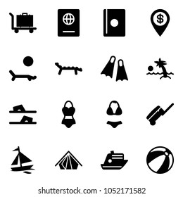 Solid vector icon set - baggage vector, passport, dollar pin, lounger, flippers, palm, flip flops, swimsuit, suitcase, sail boat, tent, cruiser, beach ball