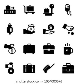 Solid vector icon set - baggage vector, scales, drop counter, investment, encashment, case, portfolio, green tea, rich, suitcase