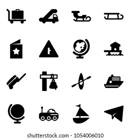 Solid vector icon set - baggage vector, trap truck, sleigh, star postcard, intersection road sign, globe, bungalow, suitcase, ship bell, kayak, cruiser, moon rover, sailboat toy, paper plane