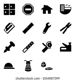 Solid vector icon set - baggage room vector, no way road sign, home, hotel, trowel, level, wrench, bolt cutter, nail dowel, drill, Angular grinder, stapler, construction helmet, pyramid toy