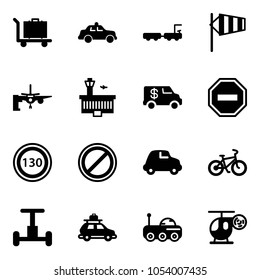 Solid vector icon set - baggage vector, safety car, truck, side wind, boarding passengers, airport building, encashment, no way road sign, speed limit 130, parking, bike, gyroscope, moon rover