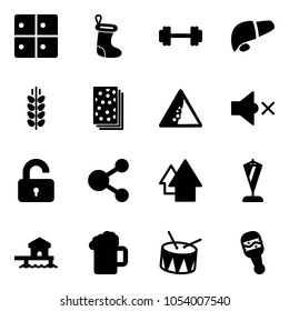 Solid vector icon set - baggage room vector, christmas sock, barbell, liver, spica, breads, landslide road sign, volume off, unlocked, share, arrow up, pennant, bungalow, beer, drum, beanbag