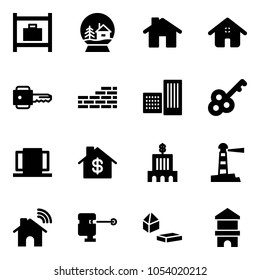 Solid vector icon set - baggage room vector, snowball house, home, key, brick wall, building, doors, dollar, bank, lighthouse, wireless, laser lever, constructor blocks, toy block