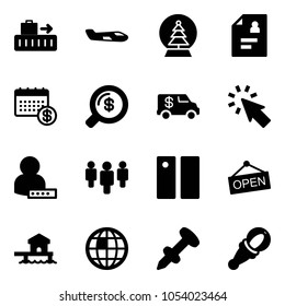 Solid vector icon set - baggage vector, small plane, snowball tree, patient card, calendar, money search, encashment car, cursor, user password, group, pause, open, bungalow, globe, nail dowel