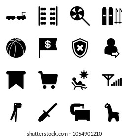 Solid vector icon set - baggage truck vector, plane seats, lollipop, ski, basketball ball, dollar flag, shield cross, user login, cart, beach, fine signal, plumber, clinch, machine tool, toy giraffe