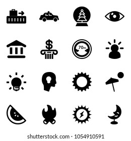 Solid vector icon set - baggage vector, safety car, snowball tree, eye, bank, limited distance road sign, idea, bulb, head, sun, beach, watermelone, fire, power, moon lamp