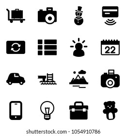 Solid vector icon set - baggage vector, camera, snowman, tap pay, card exchange, menu, idea, calendar, car, pool, mountains, mobile phone, bulb, tool box, bear toy