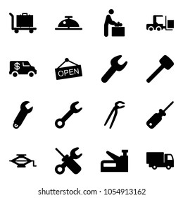Solid vector icon set - baggage vector, client bell, baby room, fork loader, encashment car, open, wrench, rubber hammer, plumber, screwdriver, jack, stapler, truck toy