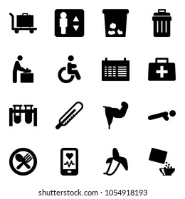Solid vector icon set - baggage vector, elevator, trash, bin, baby room, disabled, schedule, doctor bag, vial, thermometer, power hand, push ups, fork spoon plate, mobile heart monitor, banana
