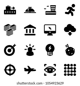 Solid vector icon set - baggage vector, client bell, airport building, run, big cash, bank, monitor cursor, download cloud, target, idea, moon flag, plane, eye scanner, circuit