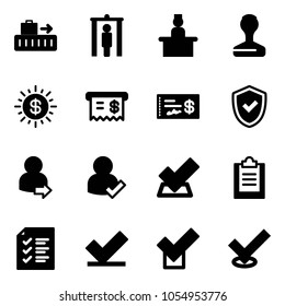 Solid vector icon set - baggage vector, metal detector gate, recieptionist, stamp, dollar sun, receipt, check, shield, user login, clipboard, list