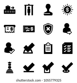 Solid vector icon set - baggage vector, metal detector gate, stamp, dollar sun, receipt, check, shield cross, user login, clipboard, list, chess queen