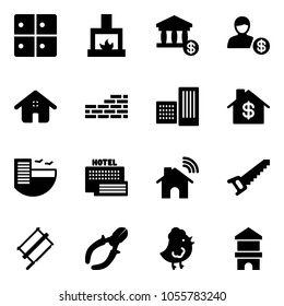 Solid vector icon set - baggage room vector, fireplace, account, home, brick wall, building, dollar, hotel, sea, wireless, saw, bucksaw, side cutters, chicken toy, block house