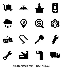 Solid vector icon set - baggage vector, client bell, recieptionist, mobile payment, money rain, dollar pin, click, gear globe, open, fretsaw, rubber hammer, wrench, stapler, allen key, truck toy