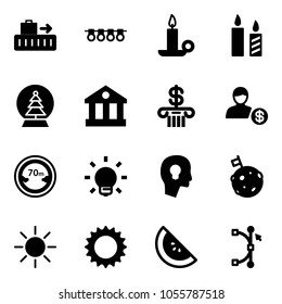 Solid vector icon set - baggage vector, garland, candle, snowball tree, bank, account, limited distance road sign, bulb, head, moon flag, sun, watermelon, bezier