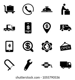 Solid vector icon set - baggage vector, phone, client bell, baby room, fork loader, mobile payment, dollar pin, encashment car, money click, gear globe, open, fretsaw, wrench, jack, truck toy