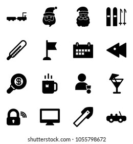 Solid vector icon set - baggage truck vector, santa claus, ski, thermometer, flag, schedule, fast backward, search money, green tea, winner, drink, wireless lock, monitor, tile drill, toy car