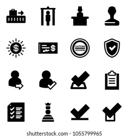 Solid vector icon set - baggage vector, metal detector gate, recieptionist, stamp, dollar sun, check, customs road sign, shield, user login, clipboard, list, chess queen