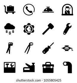 Solid vector icon set - baggage vector, phone, client bell, officer window, money rain, gear globe, rubber hammer, wrench, plumber, screwdriver, jack, tool box, stapler, allen key