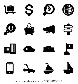 Solid vector icon set - baggage vector, dollar, money search, globe, head hunter, piggy bank, speaker horn, signpost, building, cloud, pedestal, flag, mobile phone, lawn mower, sailboat toy