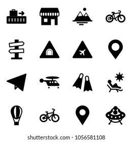 Solid vector icon set - baggage vector, duty free, mountains, bike, road signpost sign, tunnel, airport, map pin, paper fly, helicopter, flippers, beach, air balloon, navigation, ufo toy