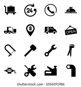 Solid vector icon set - baggage vector, 24 hours, phone, client bell, fork loader, dollar pin, encashment car, open, fretsaw, rubber hammer, wrench, plumber, jack, screwdriver, stapler, allen key