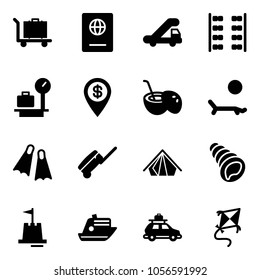Solid vector icon set - baggage vector, passport, trap truck, plane seats, scales, dollar pin, coconut cocktail, lounger, flippers, suitcase, tent, shell, sand castle, cruiser, car, kite
