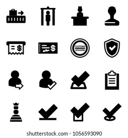 Solid vector icon set - baggage vector, metal detector gate, recieptionist, stamp, receipt, check, customs road sign, shield, user login, clipboard, chess queen