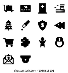 Solid vector icon set - baggage vector, credit card, first aid room, airport building, christmas tree, pipette, safe, fast backward, cart, puzzle, success, finger ring, mail dollar