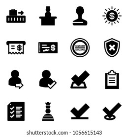 Solid vector icon set - baggage vector, recieptionist, stamp, dollar sun, receipt, check, customs road sign, shield cross, user login, clipboard, list, chess queen