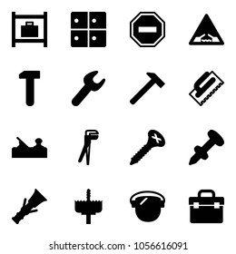 Solid vector icon set - baggage room vector, no way road sign, drawbridge, work, wrench, hammer, trowel, jointer, plumber, screw, nail dowel, crown drill, protect glass, tool box