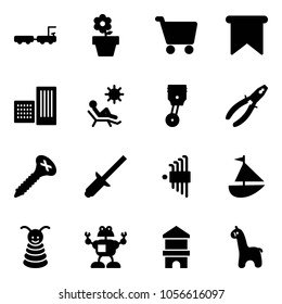 Solid vector icon set - baggage truck vector, flower pot, cart, flag, building, beach, piston, pliers, screw, clinch, allen key set, sailboat toy, pyramid, robot, block house, giraffe