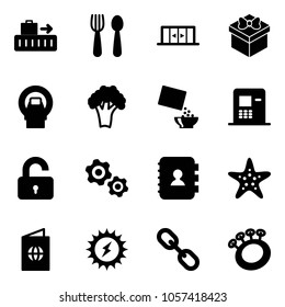 Solid vector icon set - baggage vector, spoon and fork, automatic doors, gift, mri, broccoli, cereal, atm, unlocked, gears, contact book, starfish, passport, sun power, link, beanbag