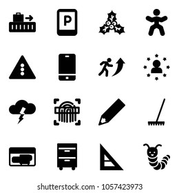 Solid vector icon set - baggage vector, parking sign, holly, gymnastics, traffic light road, phone, career, star man, storm, fingerprint scanner, pencil, rake, generator, tool cabinet, corner ruler