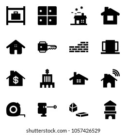 Solid vector icon set - baggage room vector, house, home, key, brick wall, doors, dollar, bank building, wireless, measuring tape, laser lever, constructor blocks, toy block