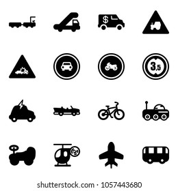 Solid vector icon set - baggage truck vector, trap, encashment car, tractor way road sign, crash, no, moto, limited height, electric, cabrio, bike, moon rover, baby, helicopter toy, plane, bus