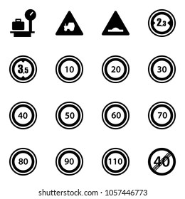 Solid vector icon set - baggage scales vector, tractor way road sign, artificial unevenness, limited width, height, speed limit 10, 20, 30, 40, 50, 60, 70, 80, 90, 110, end