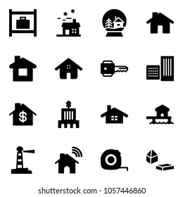Solid vector icon set - baggage room vector, house, snowball, home, key, building, dollar, bank, bungalow, lighthouse, wireless, measuring tape, constructor blocks