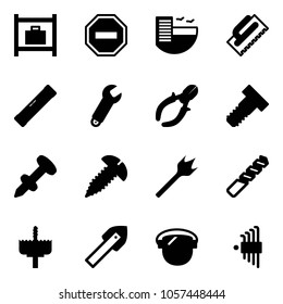 Solid vector icon set - baggage room vector, no way road sign, hotel, trowel, level, wrench, side cutters, bolt, nail dowel, screw, wood drill, crown, tile, protect glass, allen key set