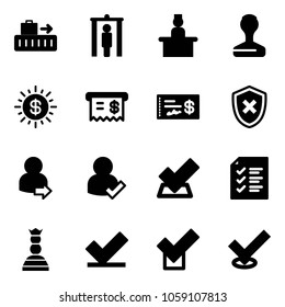 Solid vector icon set - baggage vector, metal detector gate, recieptionist, stamp, dollar sun, receipt, check, shield cross, user login, list, chess queen