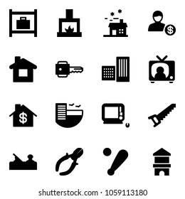 Solid vector icon set - baggage room vector, fireplace, house, account, home, key, building, tv news, dollar, hotel, monoblock pc, saw, jointer, side cutters, baseball bat, toy block