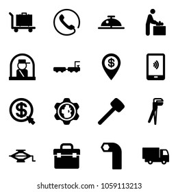 Solid vector icon set - baggage vector, phone, client bell, baby room, officer window, truck, dollar pin, mobile payment, money click, gear globe, rubber hammer, plumber, jack, tool box, allen key