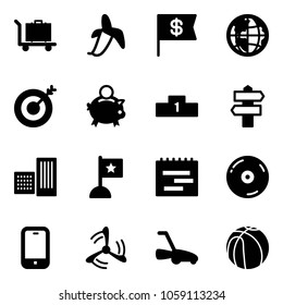 Solid vector icon set - baggage vector, banana, dollar flag, globe, target, piggy bank, pedestal, signpost, building, terms plan, cd, mobile phone, wind mill, lawn mower, basketball