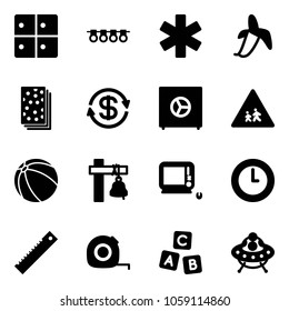 Solid vector icon set - baggage room vector, garland, ambulance star, banana, breads, dollar exchange, safe, children road sign, ball, ship bell, monoblock pc, clock, ruler, measuring tape, abc cube