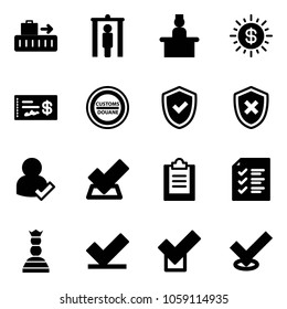 Solid vector icon set - baggage vector, metal detector gate, recieptionist, dollar sun, check, customs road sign, shield, cross, user, clipboard, list, chess queen