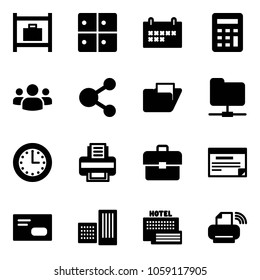 Solid vector icon set - baggage room vector, schedule, calculator, group, share, folder, network, time, printer, portfolio, envelope, building, sea hotel, wireless