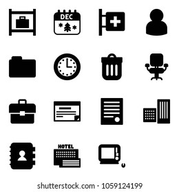 Solid vector icon set - baggage room vector, christmas calendar, first aid, user, folder, time, trash bin, office chair, portfolio, schedule, agreement, building, contact book, sea hotel