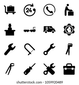 Solid vector icon set - baggage vector, 24 hours, phone, baby room, recieptionist, truck, encashment car, gear globe, wrench, fretsaw, plumber, screwdriver, tool box