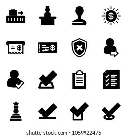 Solid vector icon set - baggage vector, recieptionist, stamp, dollar sun, receipt, check, shield cross, user login, clipboard, list, chess queen