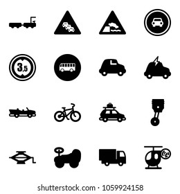 Solid vector icon set - baggage truck vector, multi lane traffic road sign, embankment, no car, limited height, bus, electric, cabrio, bike, piston, jack, baby, toy, helicopter